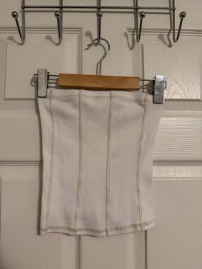 H&M White Ribbed Strapless Mini Top with Tan Contrast Seams